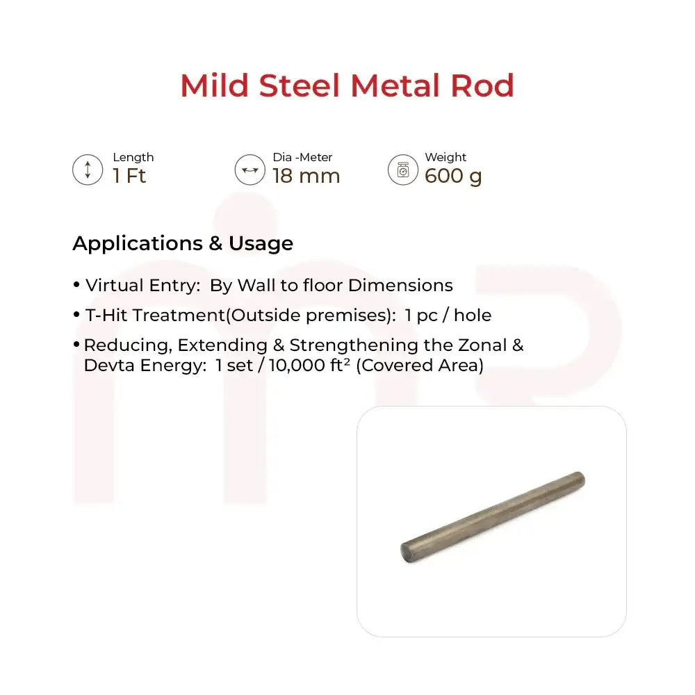 Mild steel metal rod for Vastu remedies, 1 ft long, 18 mm diameter, used to balance energy in homes