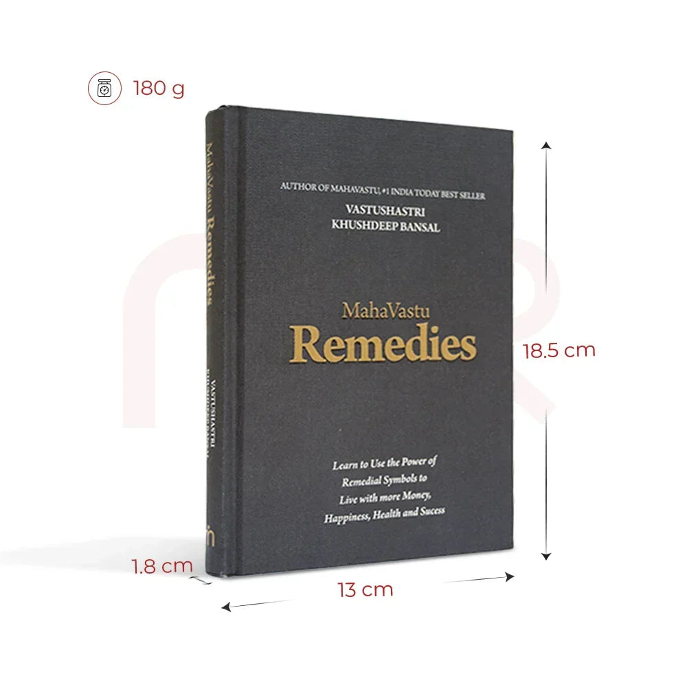 MahaVastu Remedies book with black hardcover, gold title, and size dimensions shown