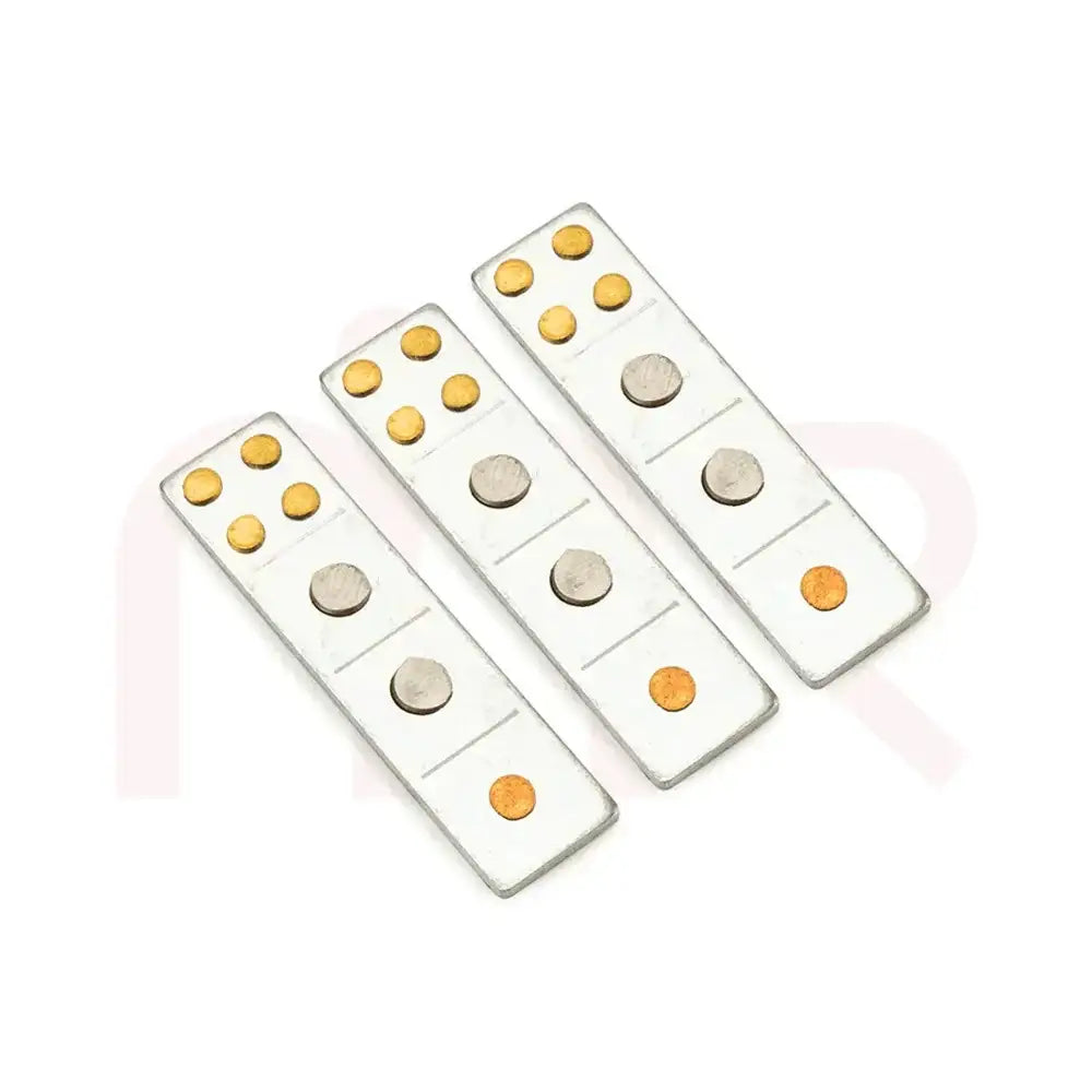 Set of three silver Vastu metal strips with brass and copper dots for energy balancing.