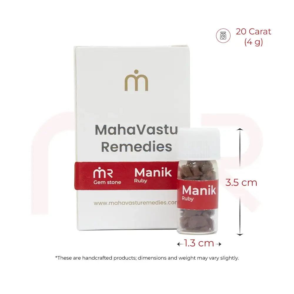 Manik Ruby gemstone for Maha Vastu Remedies, 20 carat, in small vial with packaging