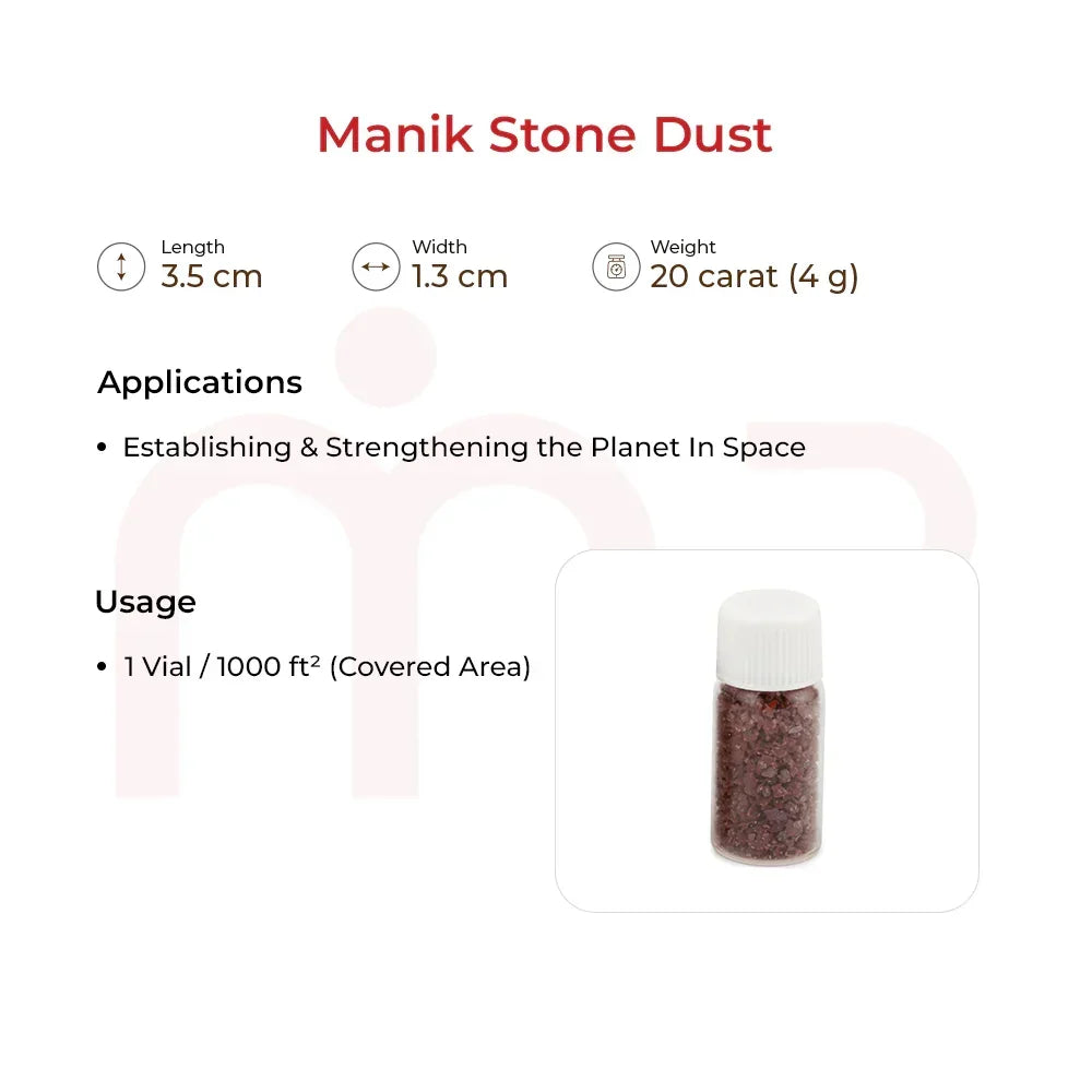 Manik stone dust vial for Vastu remedies with product size, weight, and usage details.