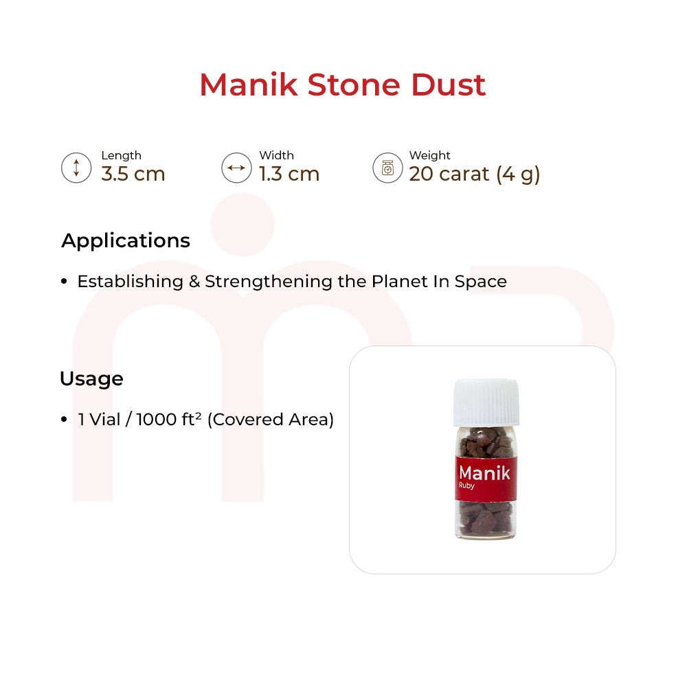 Manik stone dust vial for Vastu remedies with product size, weight, and usage details.