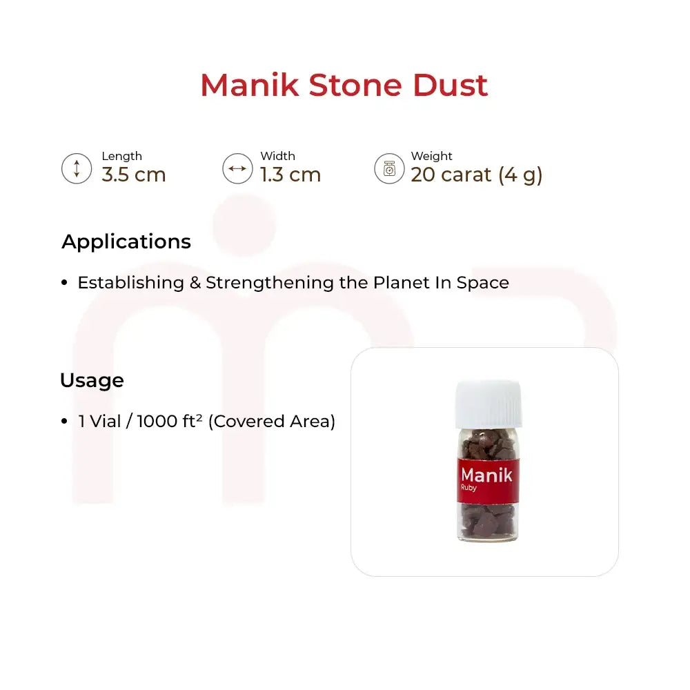 Manik Stone Dust vial for Vastu remedies, 20 carat weight for strengthening planetary energy.