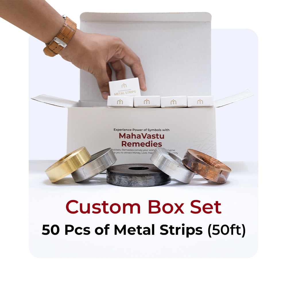 MahaVastu Remedies custom box set with 50 metal strips in assorted finishes for Vastu Shastra