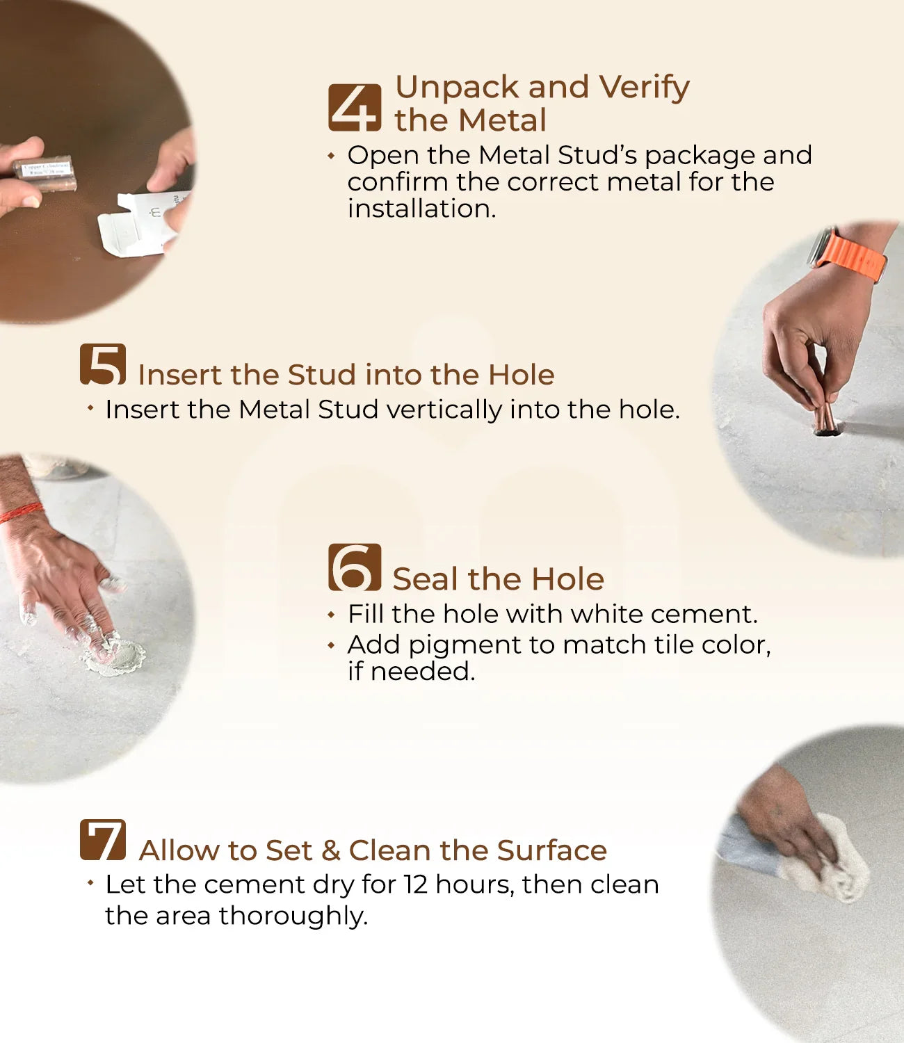 Step-by-step installation of metal studs for Vastu remedies with hands unpacking, inserting, sealing, and cleaning.