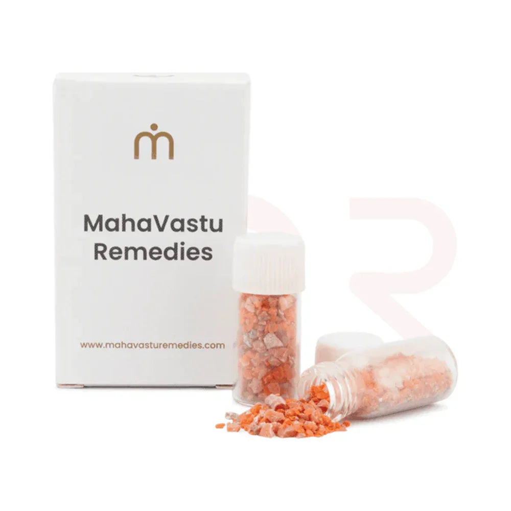MahaVastu Remedies box with two small bottles of crushed red Moonga vastu remedy crystals
