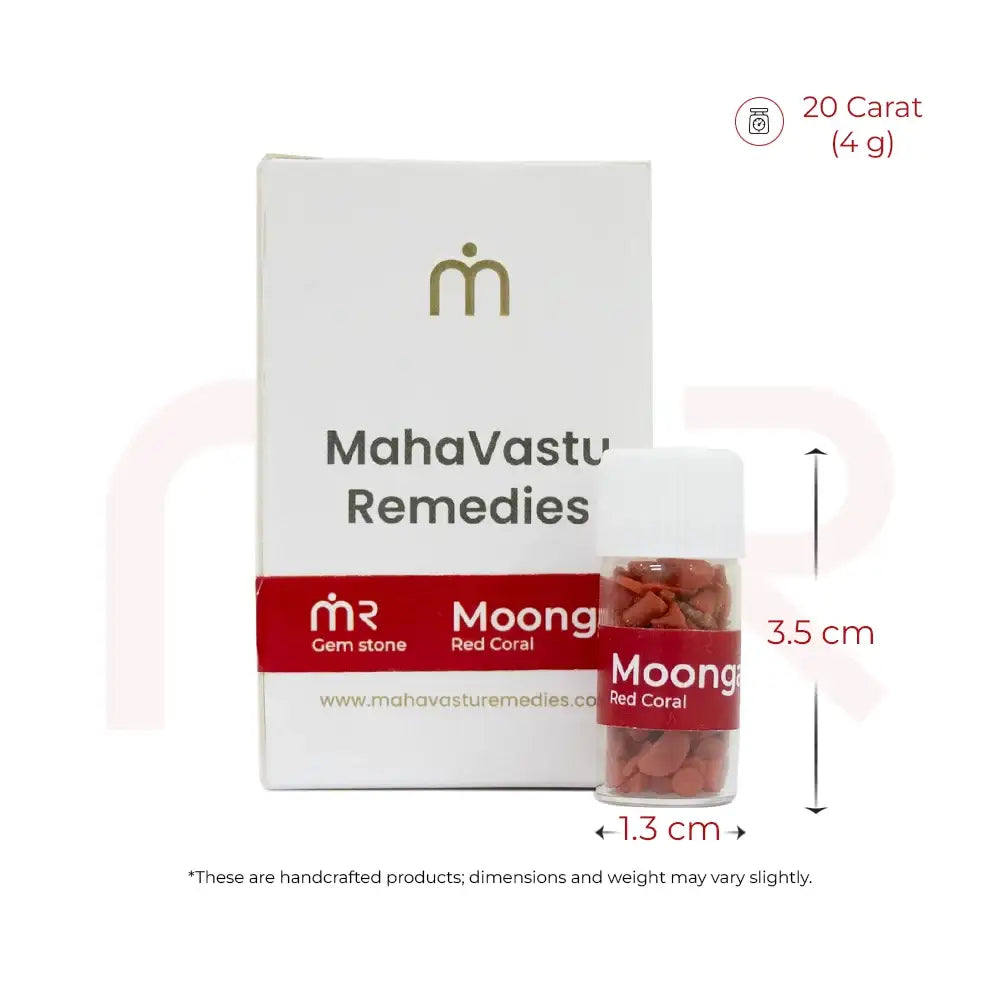 20 Carat 4g Moong Red Coral gemstone in a small vial with product packaging.