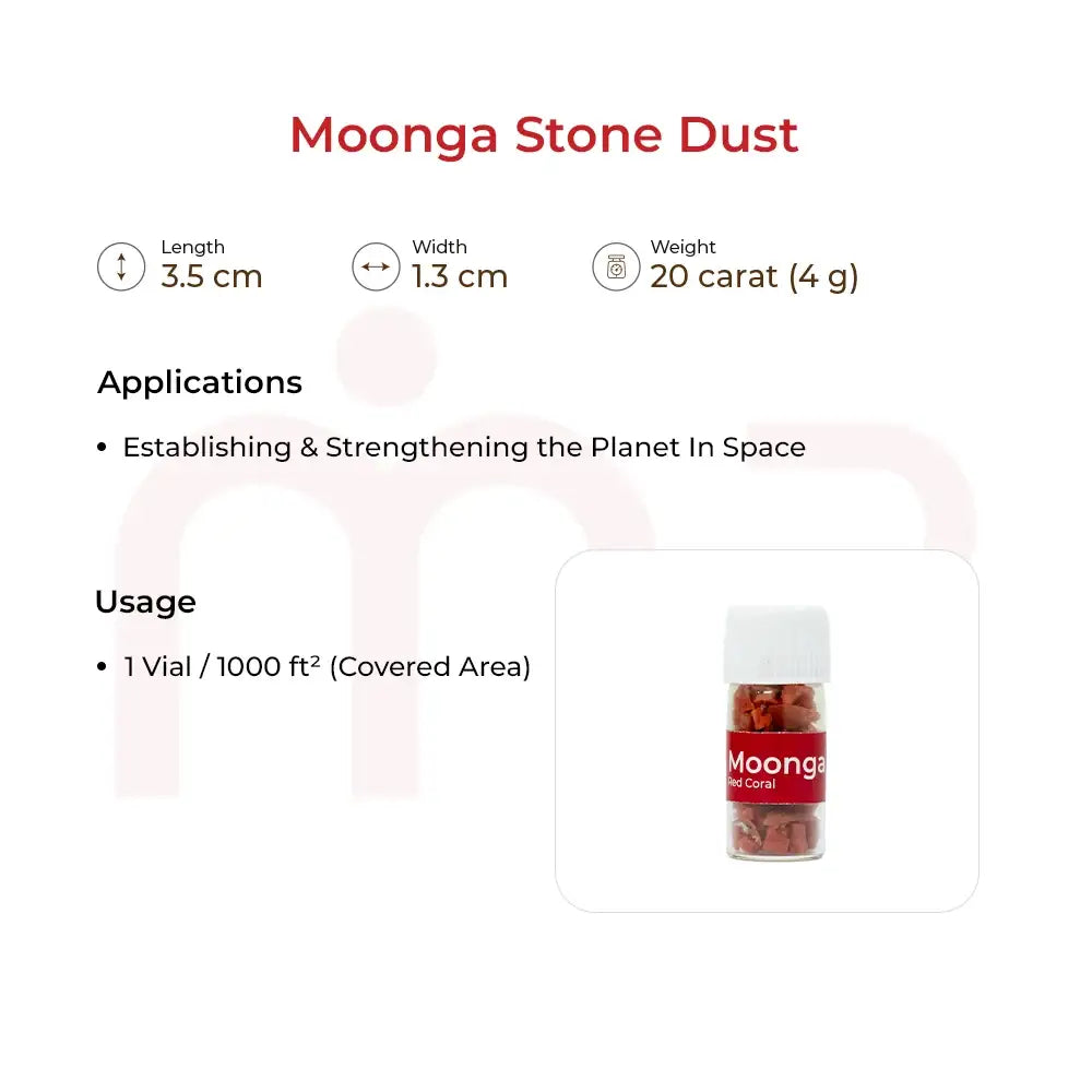 Moonga Stone Dust vial for Vastu remedies to strengthen planetary energy in space.