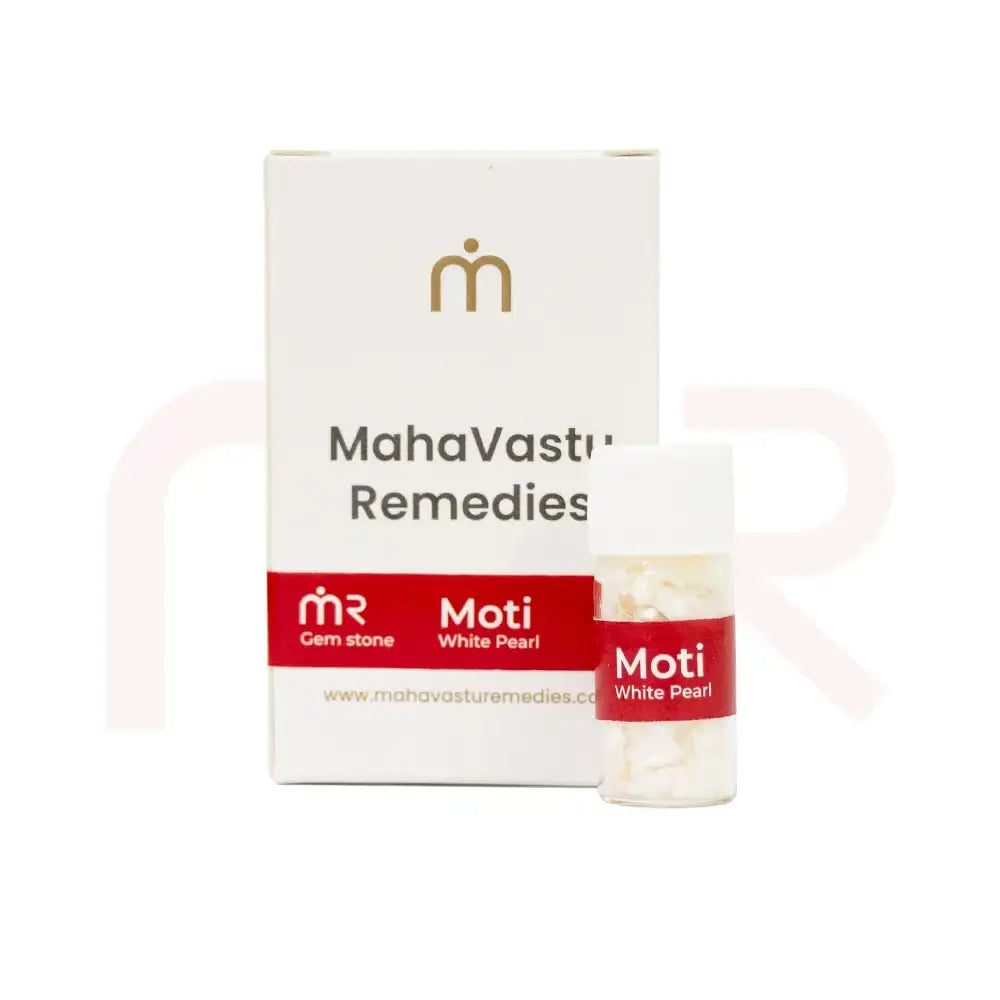 Moti White Pearl gemstone in a small clear bottle with MahaVastu Remedies packaging