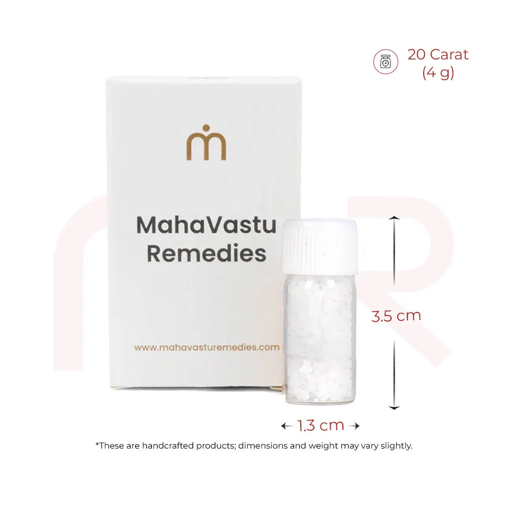 MahaVastu Remedies MOTI remedy pack with small pearl-like crystals in a vial, 10g, 3.5cm tall