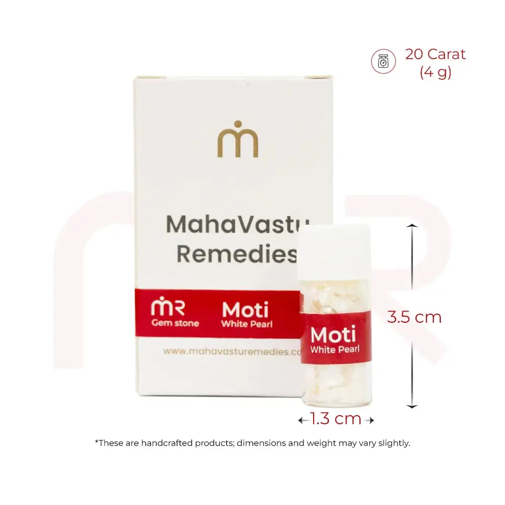 20 Carat White Pearl Moti gemstone in a small container with product dimensions.
