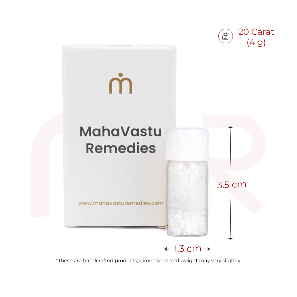 MahaVastu Remedies MOTI remedy pack with small pearl-like crystals in a vial, 10g, 3.5cm tall