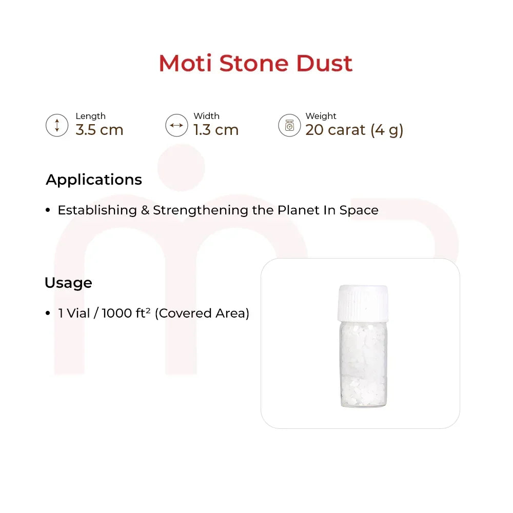 Moti Stone Dust vial for Vastu remedies, with size, weight, and usage details on white background