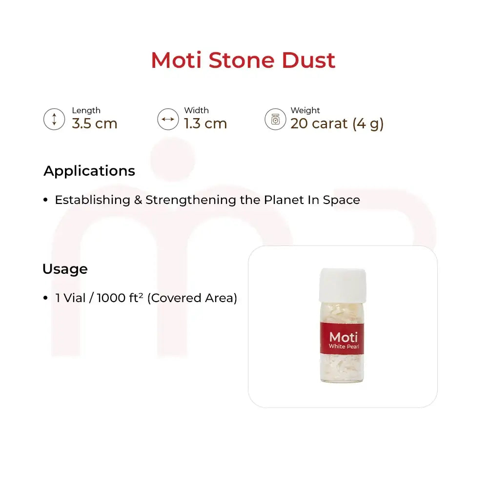 Moti Stone Dust vial for Vastu remedies, 20 carat white pearl powder for space balancing.