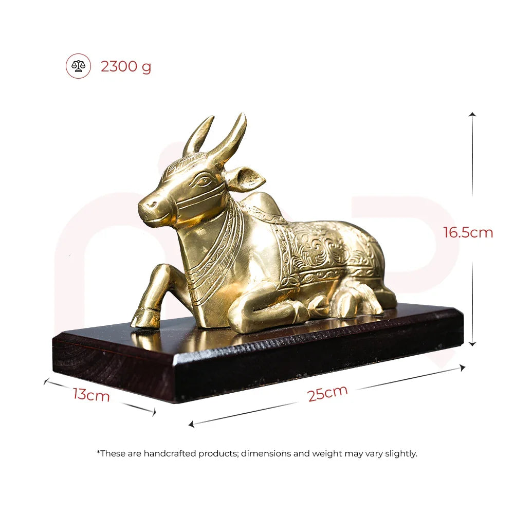 Handcrafted brass Nandi idol on wooden base, vastu remedy decor, 25x13x16.5cm, 2300g