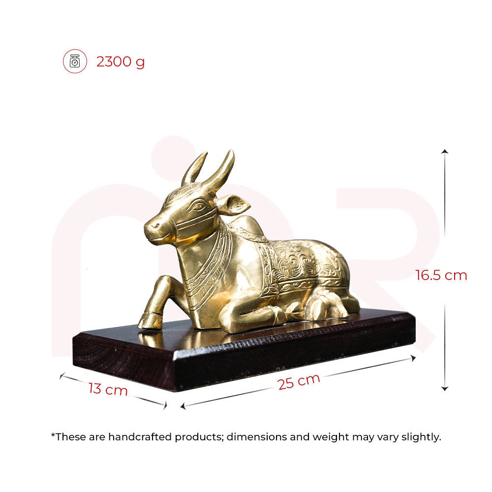 Brass Nandi cow idol on wooden base, Vastu remedy, 25x13x16.5 cm, 2300g, handcrafted details