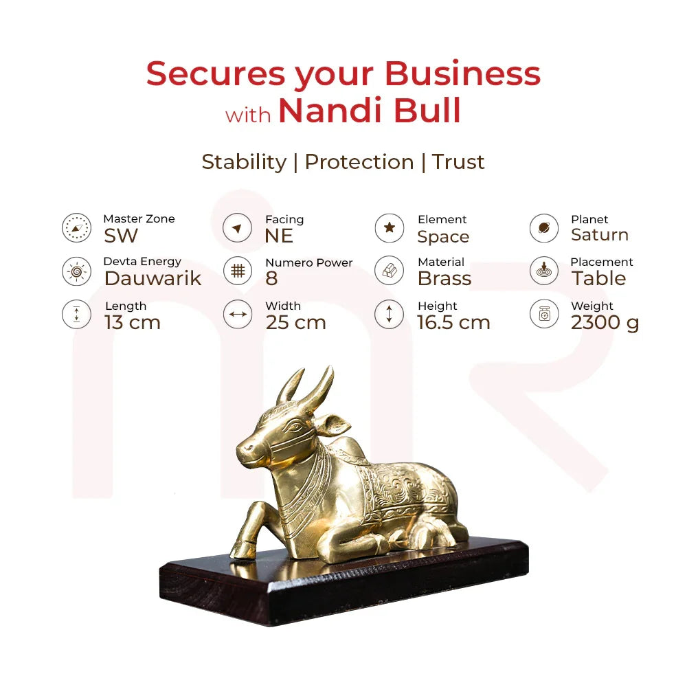 Brass Nandi bull idol on wooden base for Vastu, ideal for business stability and protection