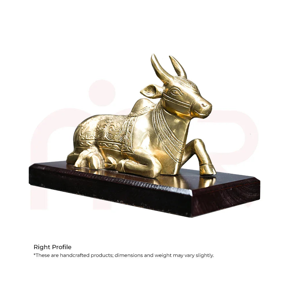 Handcrafted brass Nandi idol for Vastu, decorative home remedy, on wooden base