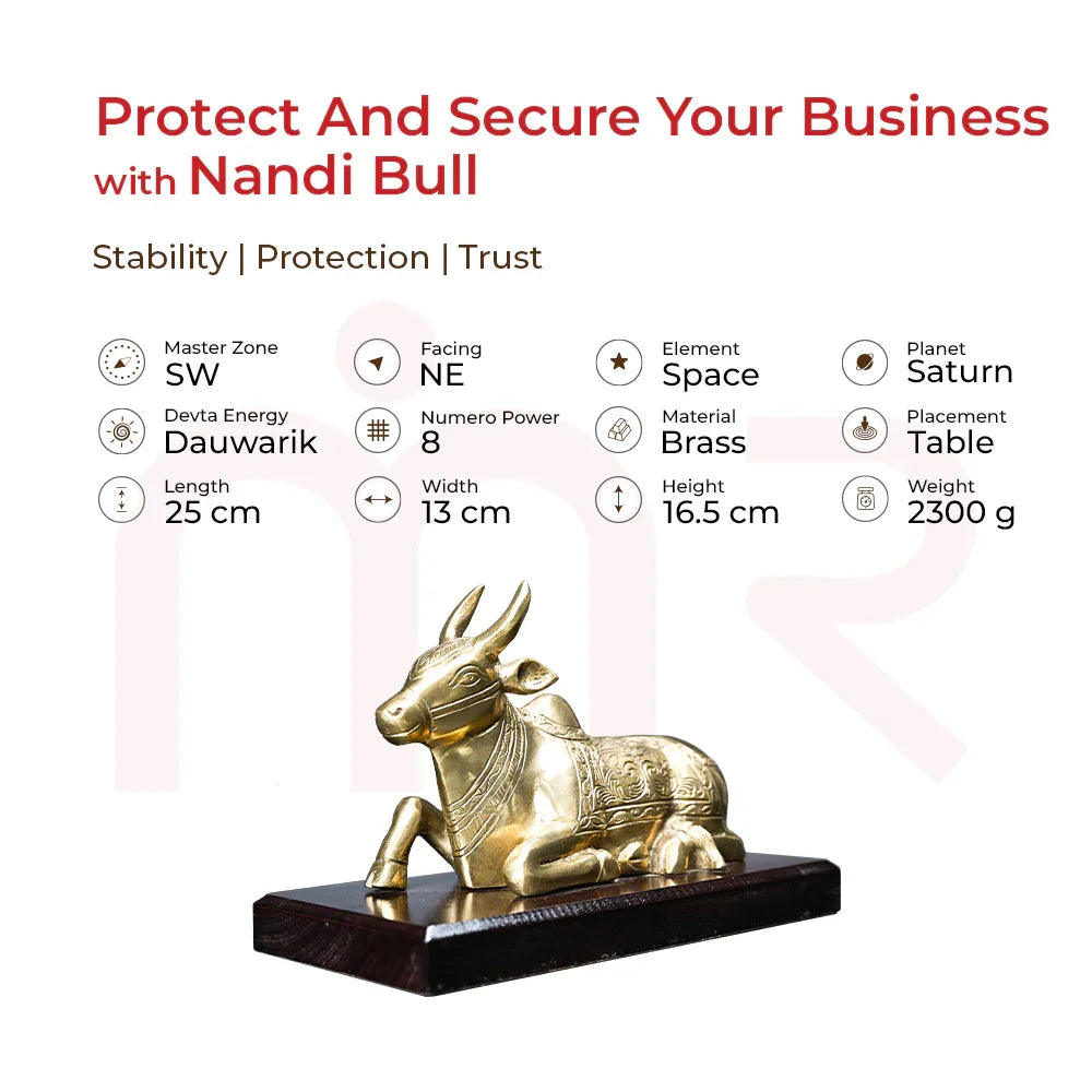 Brass Nandi Bull idol for Vastu protection, stability & business success, placed on table, SW zone