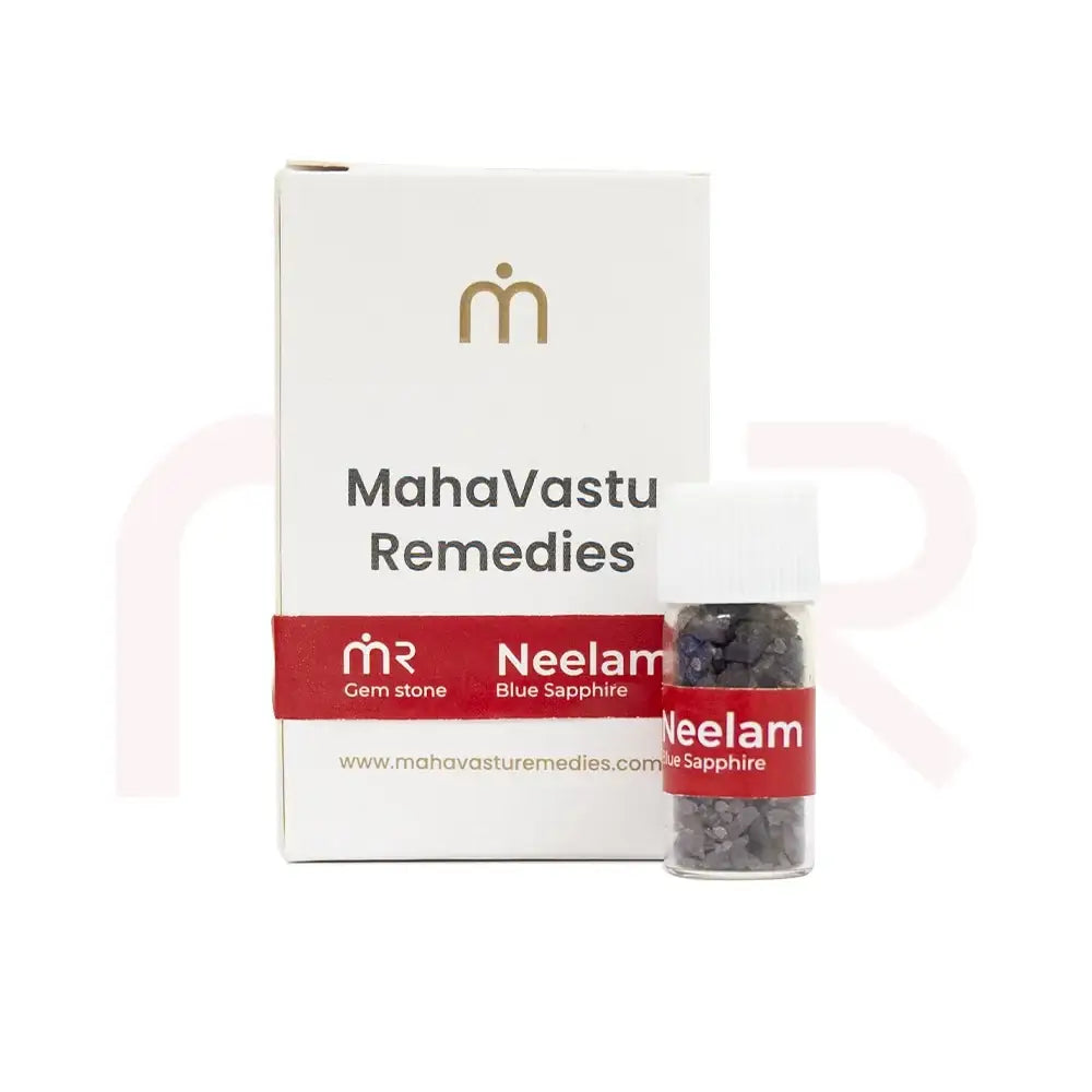 Neelam Blue Sapphire gemstone pieces in a small vial with branded packaging.