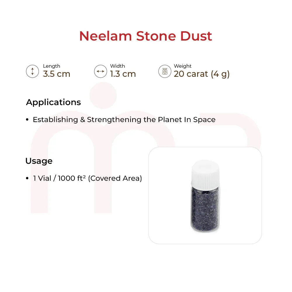 Neelam stone dust vial for Vastu remedies, with product size, weight, and application details.