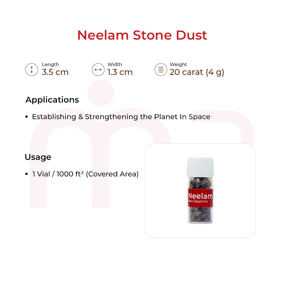 Neelam stone dust vial for Vastu remedies, with product size, weight, and application details.