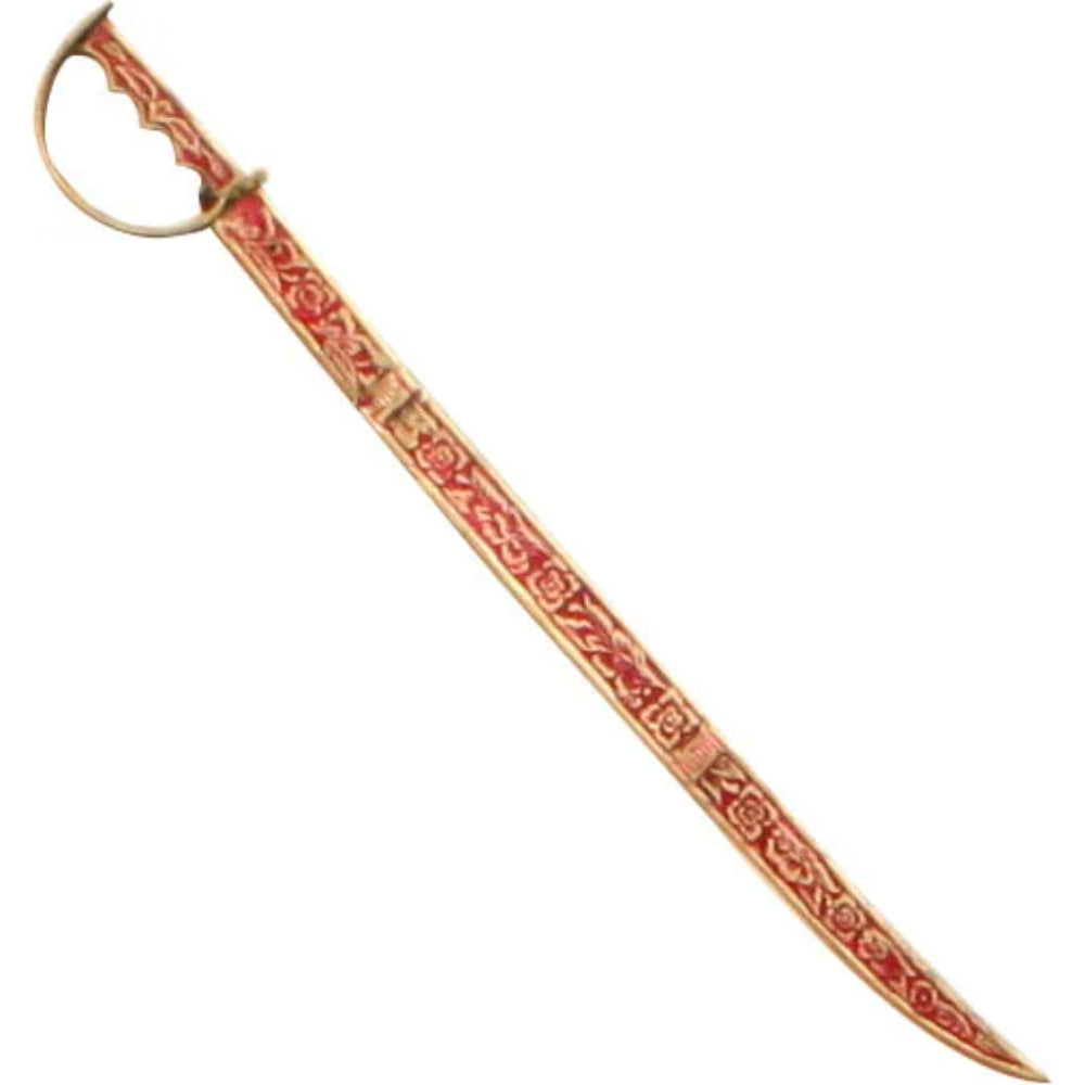 An ornate sword with a curved handle and detailed red and gold designs along the blade, powerful Vastu shastra remedy for south direction.
