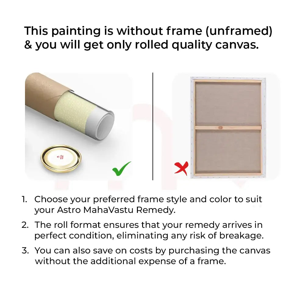 Unframed rolled canvas painting for Maha Vastu remedies, customizable frame, safe shipping, cost-effective