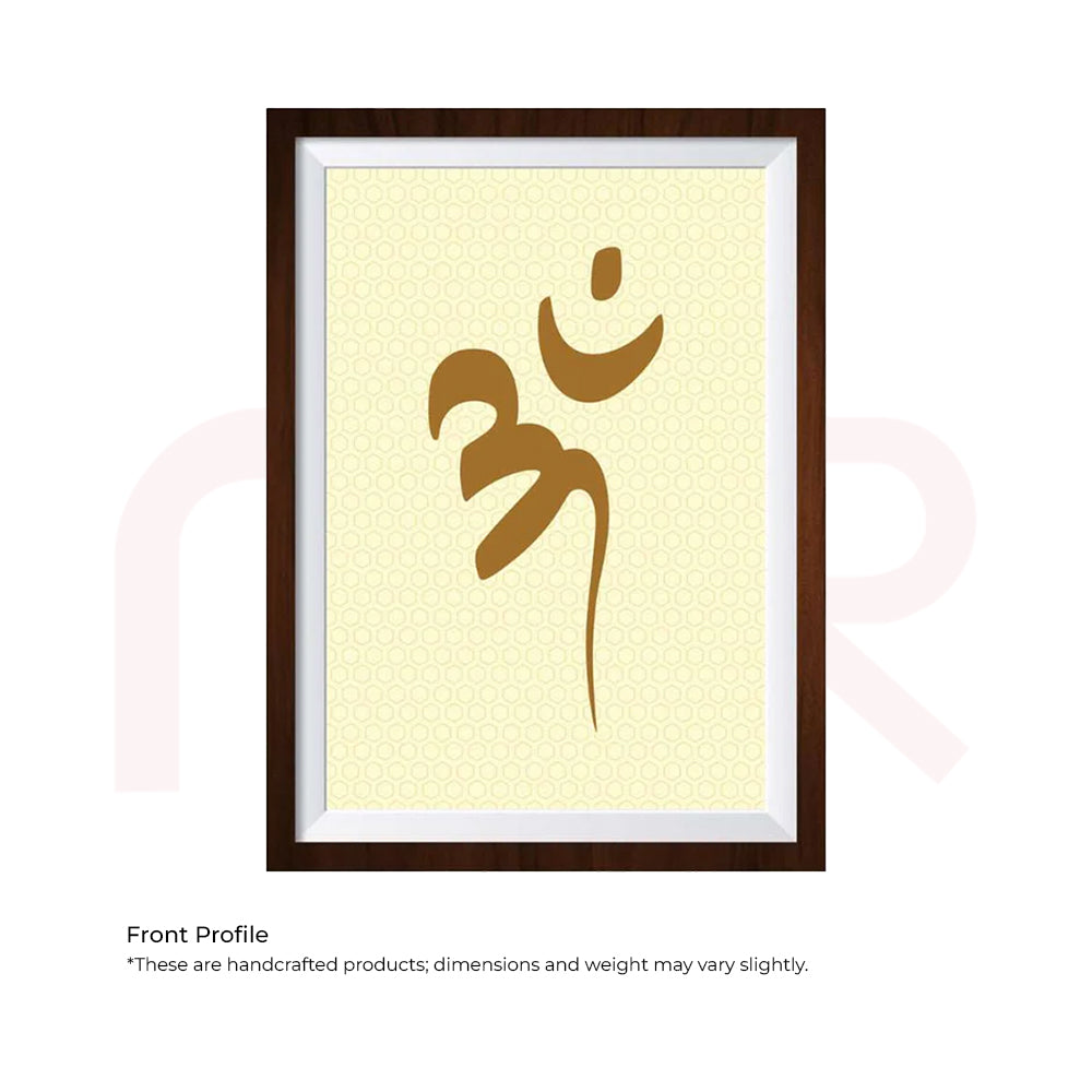 Acrylic Om symbol wall art in a brown frame, MahaVastu Vastu remedy decor.