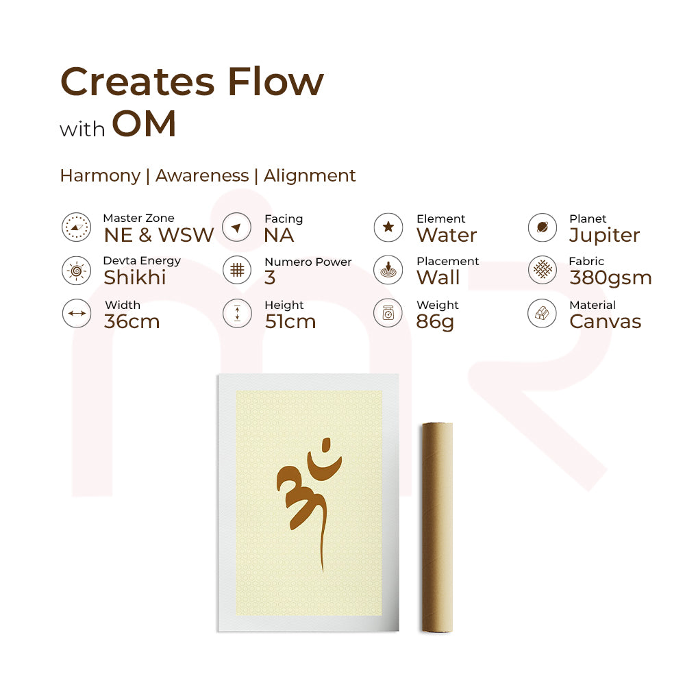 MahaVastu OM canvas painting with flow, Jupiter, water element, size 36x51cm, remedy art.