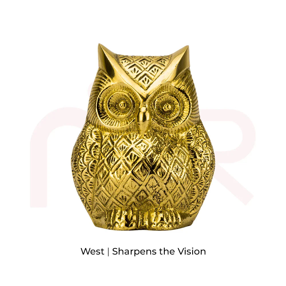 Brass owl MahaVastu remedy figurine for vision and positivity in Vastu Shastra decor.