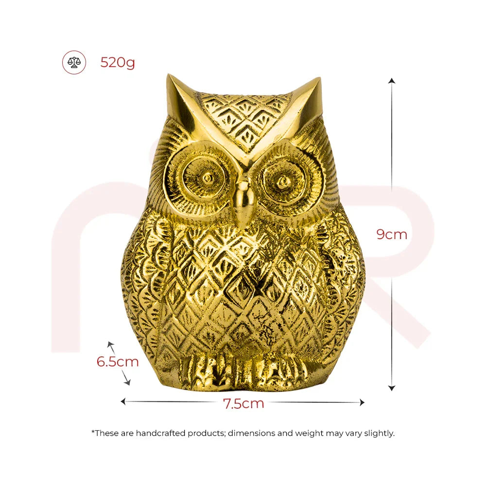 Handcrafted golden owl idol for MahaVastu remedies, 9cm tall, 520g, detailed carving.