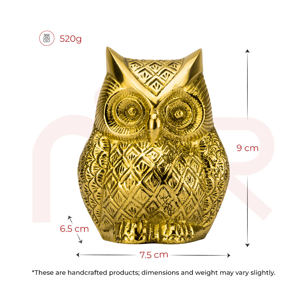 Gold owl figurine for vastu remedies, 9cm tall, handcrafted with geometric patterns.