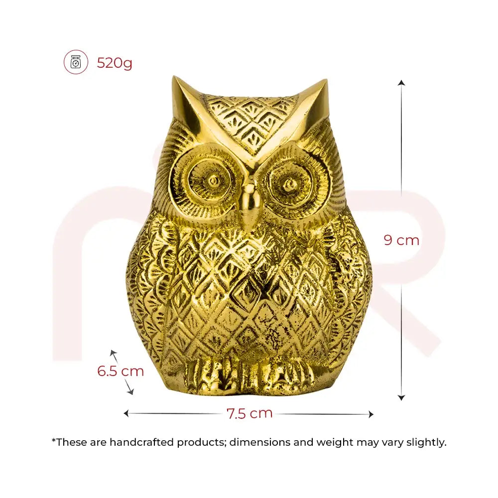 Golden brass owl idol for Vastu remedies, 9 cm height, handcrafted decor for prosperity.