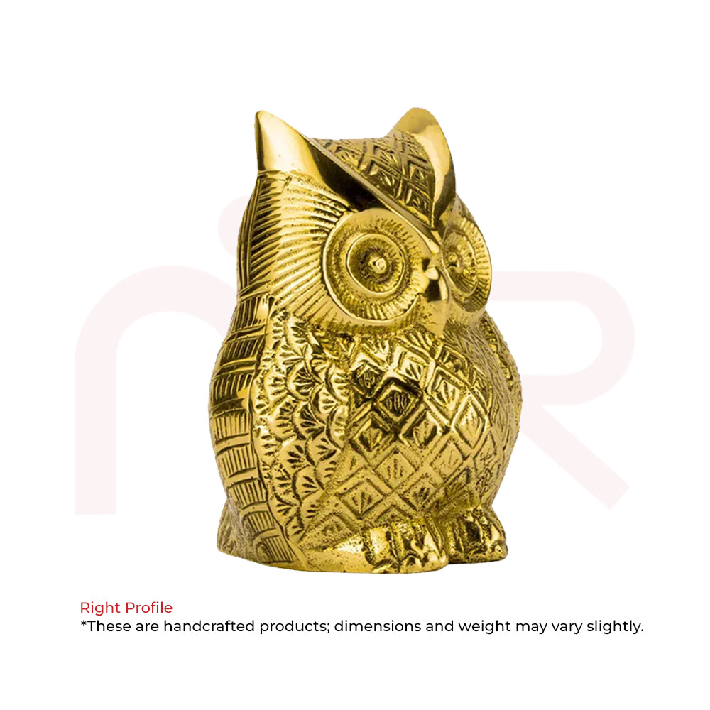 Handcrafted golden owl figurine for Vastu, detailed carving, symbol of wisdom and positivity