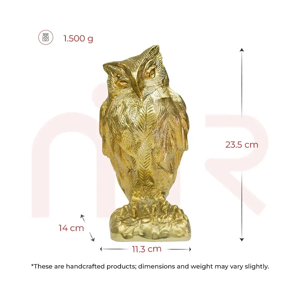 Golden owl statue by MahaVastu Remedies with dimensions 23.5 cm height and 1.5 kg weight.