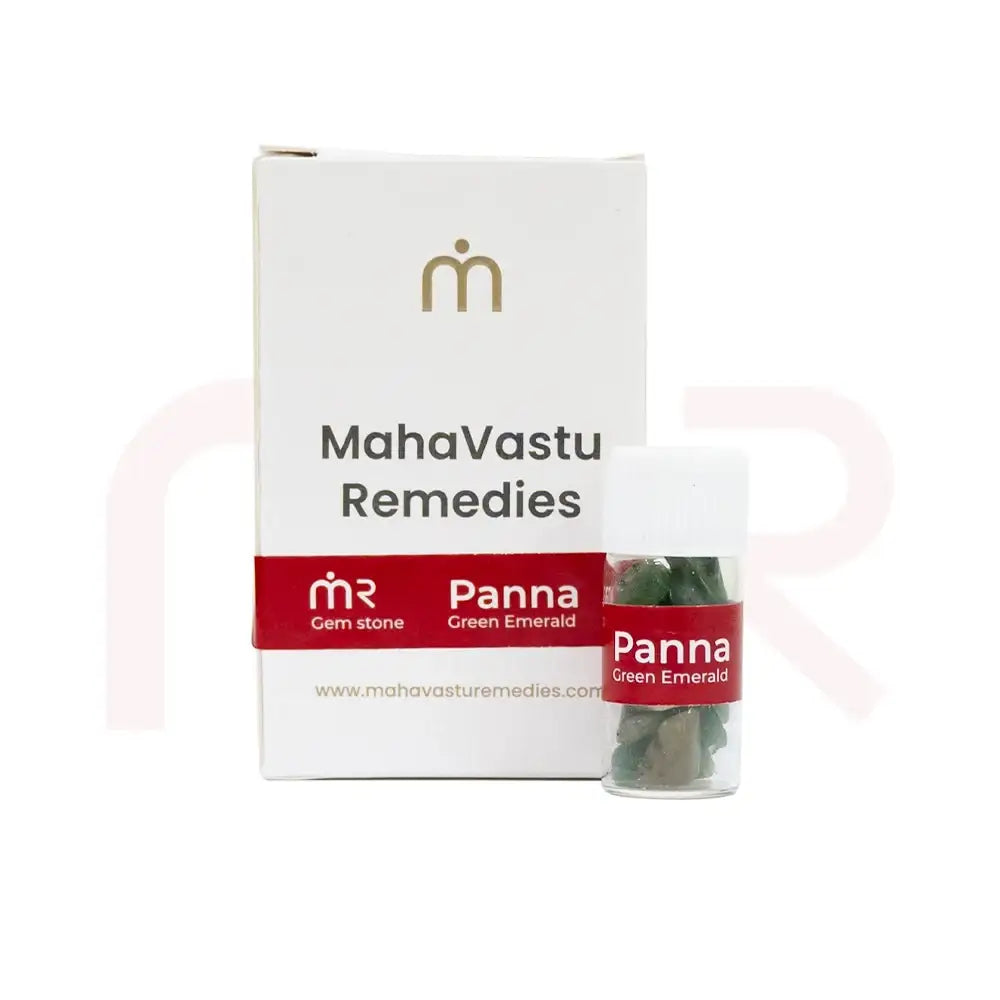 Panna Green Emerald gemstone for MahaVastu Remedies, authentic Vastu Shastra healing crystal in packaging