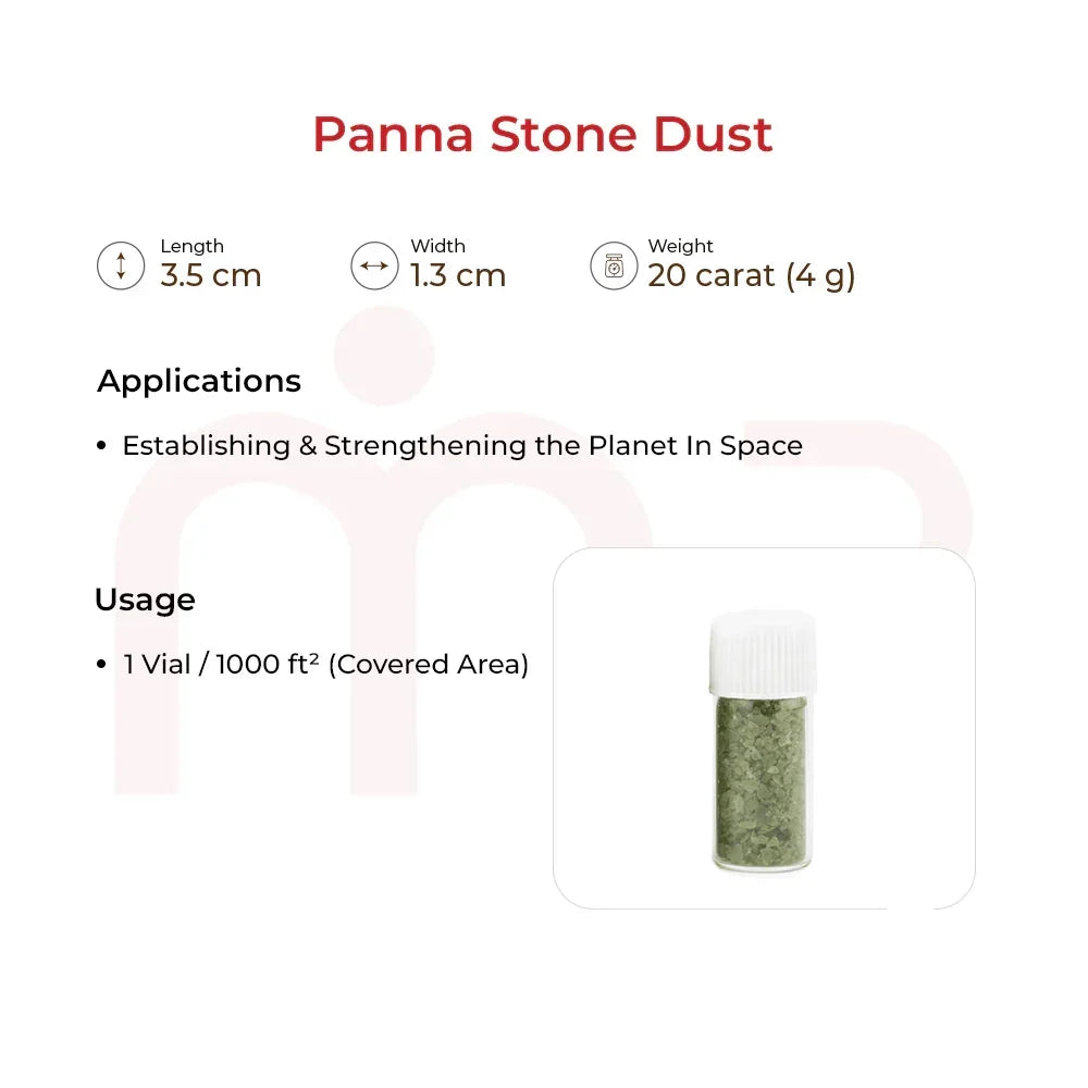 Panna stone dust vial for Vastu remedies, green crystals in clear container, size and usage info