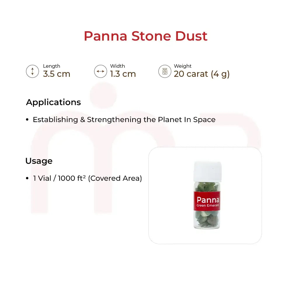 Panna Stone Dust vial with specifications for Vastu remedies and emerald stone application.