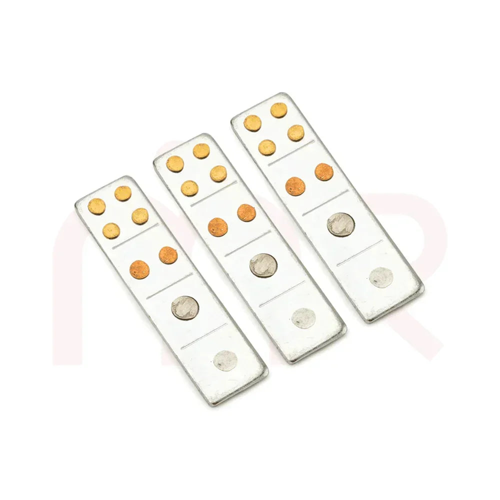 Three rectangular Vastu metal strips with copper and brass circles for positivity remedies
