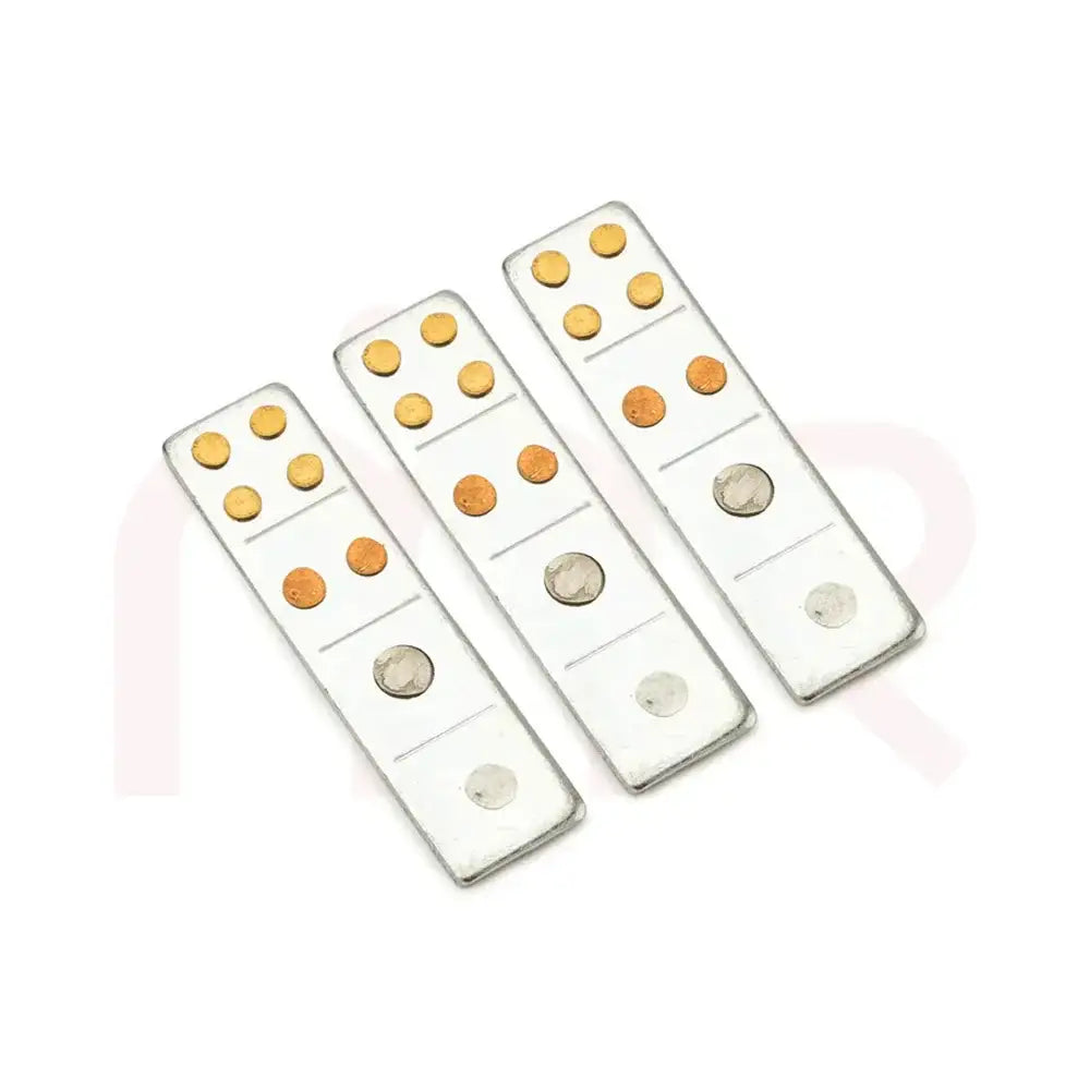 Set of three silver metal strips with copper and brass dots for Vastu remedy applications.