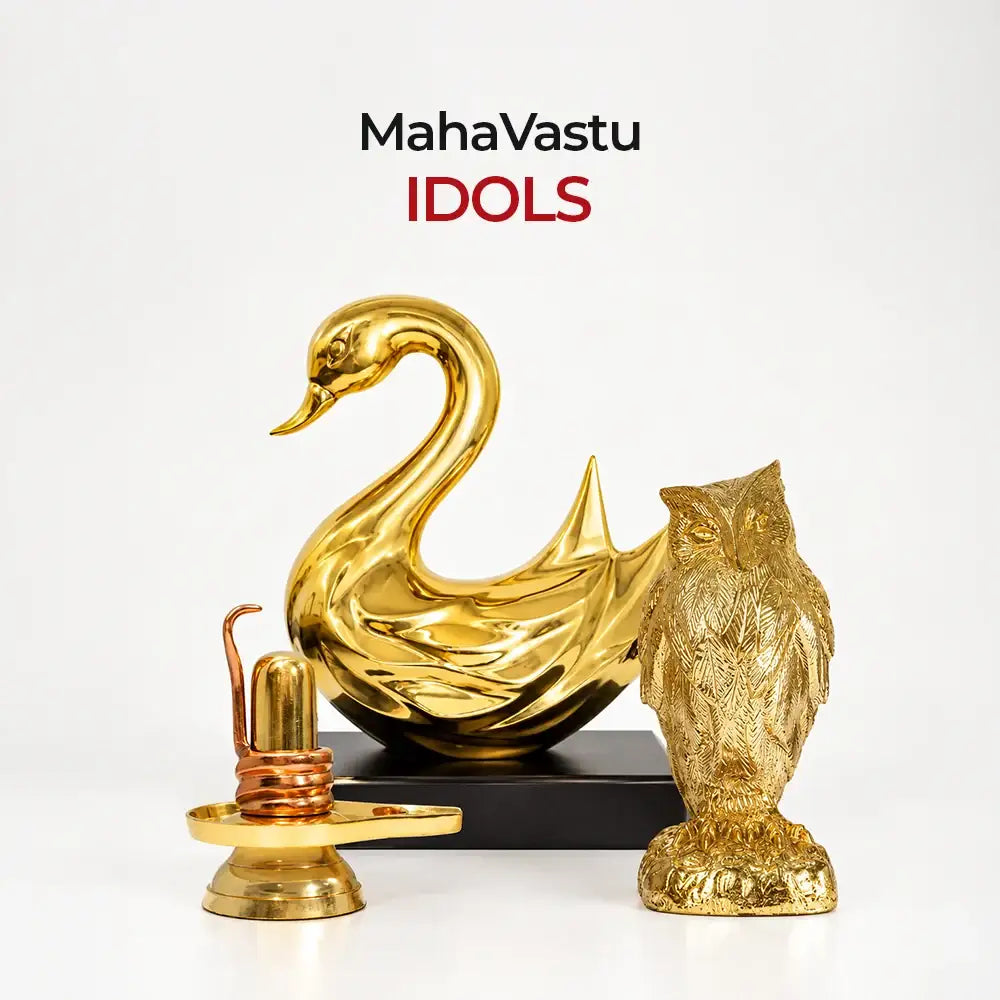 MahaVastu Remedies gold swan, owl, and Shiva Lingam idols for Vastu residence and office placement.