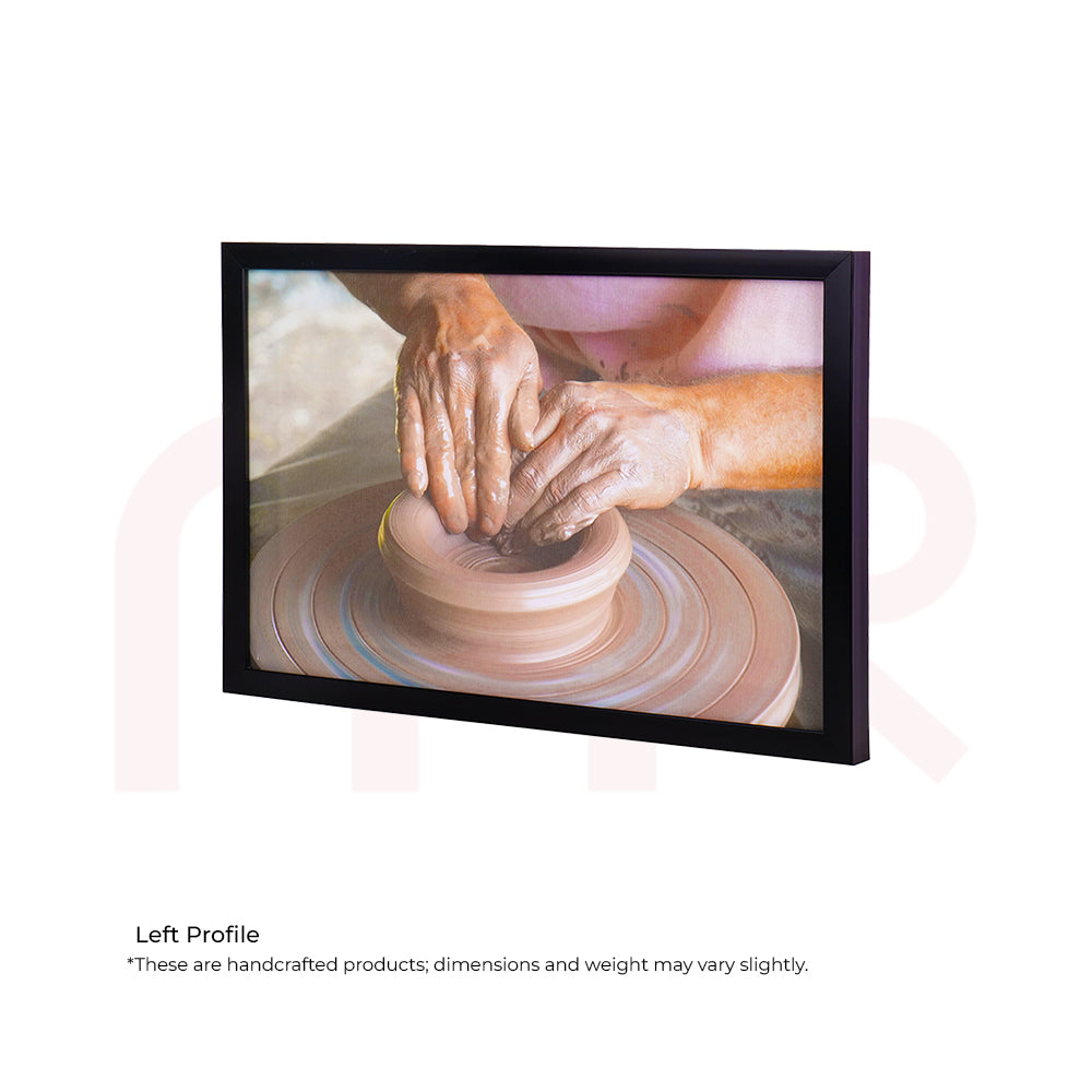 Framed MahaVastu pottery painting showing hands shaping clay on a wheel, handcrafted decor
