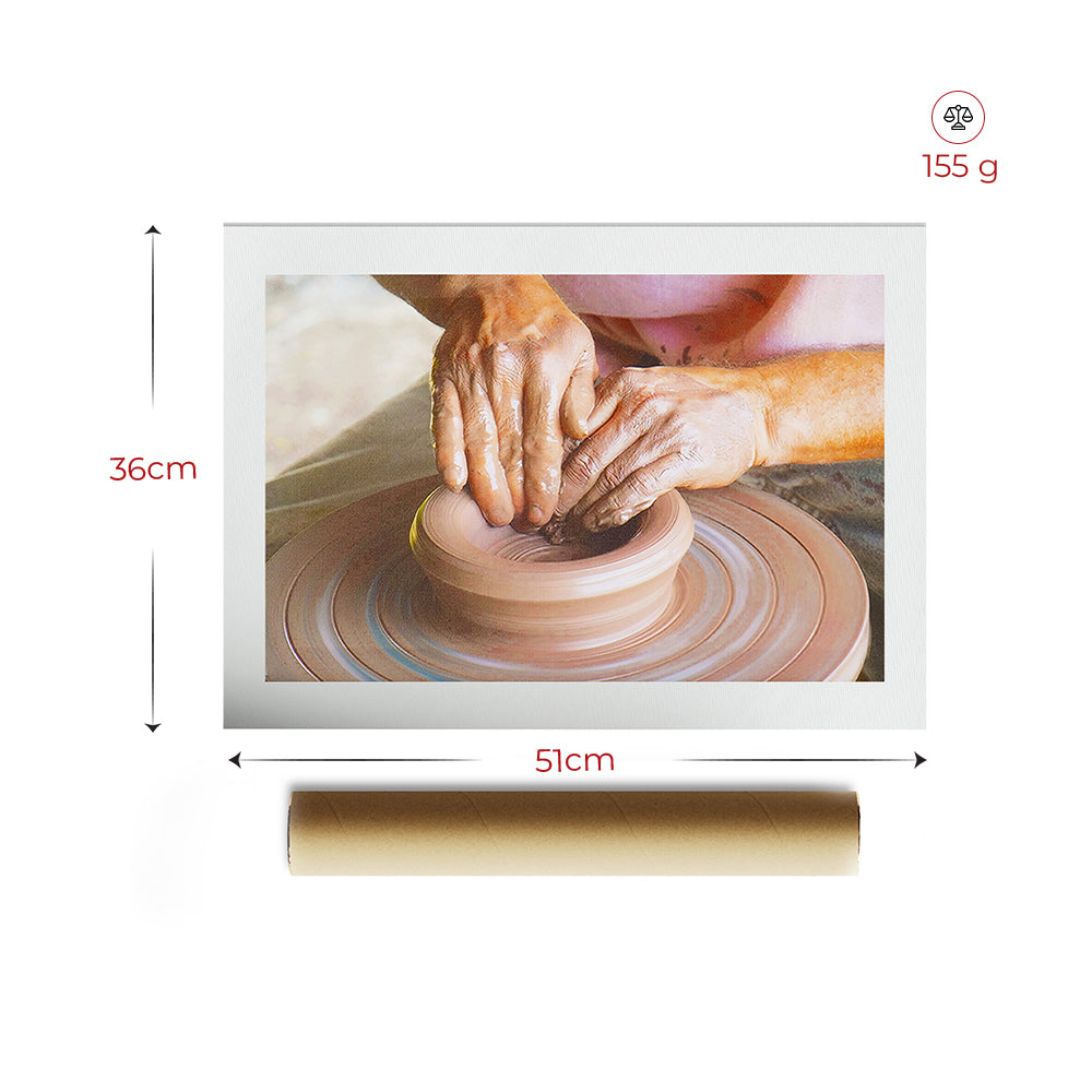 Handmade pottery wall art showing hands shaping clay on a wheel, MahaVastu remedy, 51x36cm