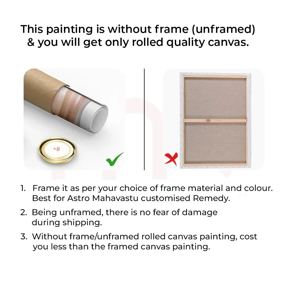 Unframed MahaVastu remedy painting shown as rolled canvas for easy shipping and customization.