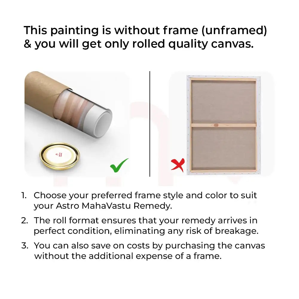 Unframed rolled canvas painting for Vastu remedy, customizable frame, safe shipping, cost-effective