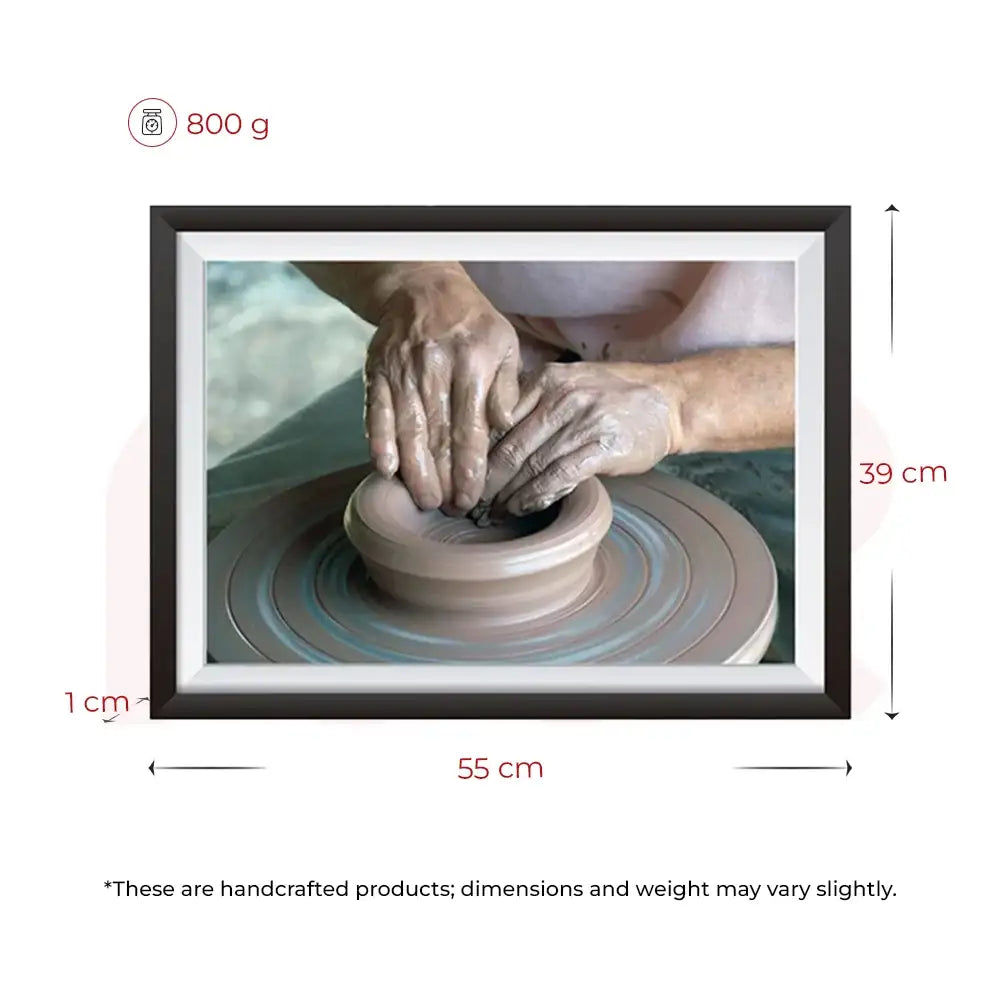 Framed Vastu painting of hands shaping clay on pottery wheel, 55x39cm, for home energy balance