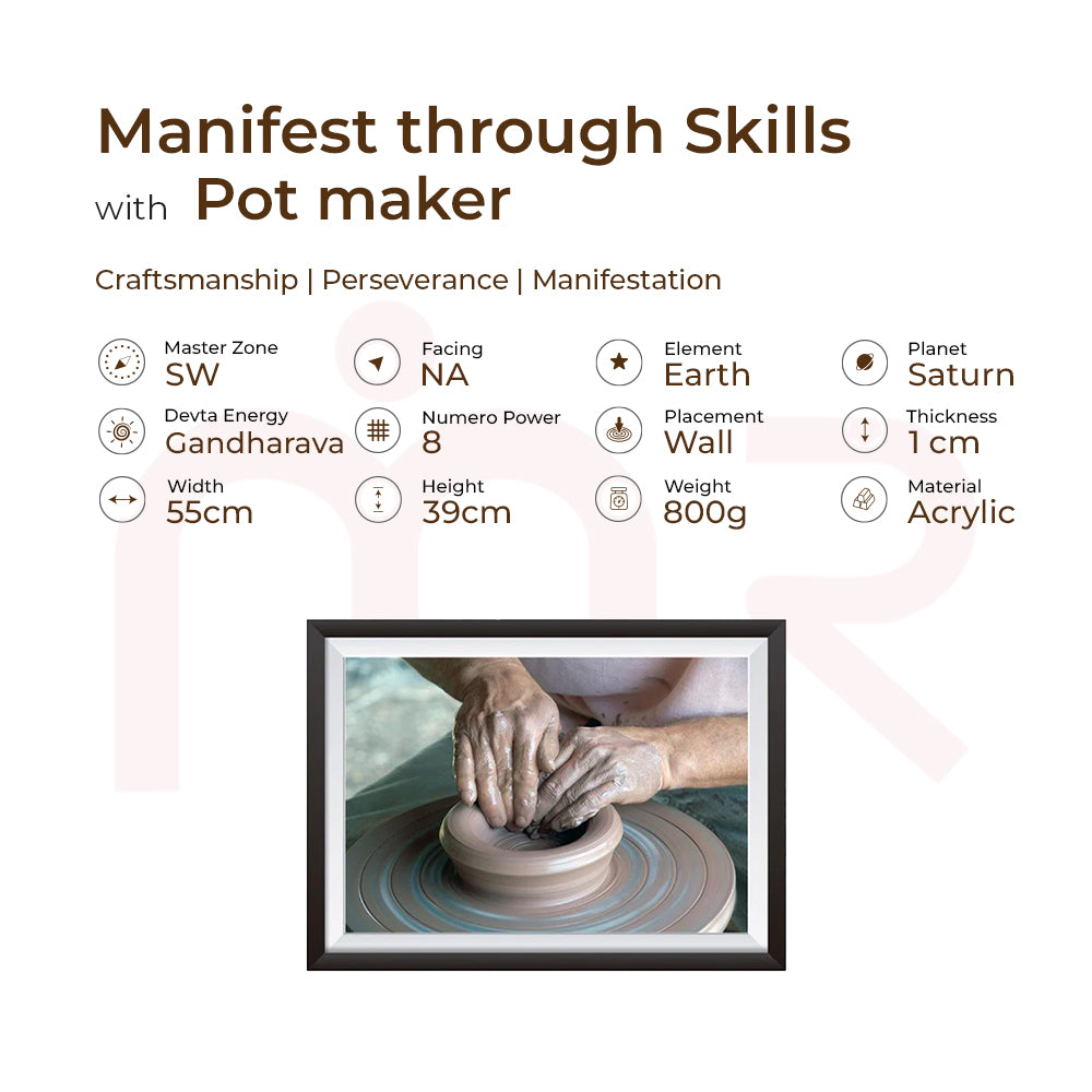 Acrylic framed Vastu remedy artwork showing hands shaping clay on a pottery wheel, symbolizing craftsmanship.