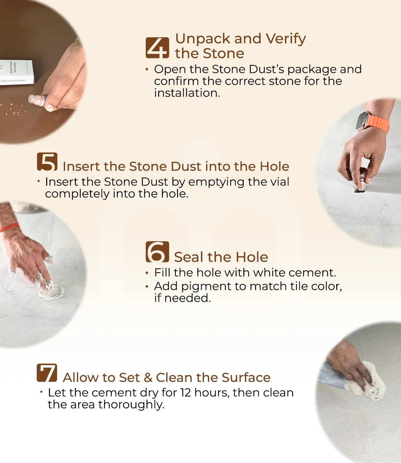 Step-by-step guide for applying precious stone dust with visuals of unpacking, inserting, sealing, and cleaning.