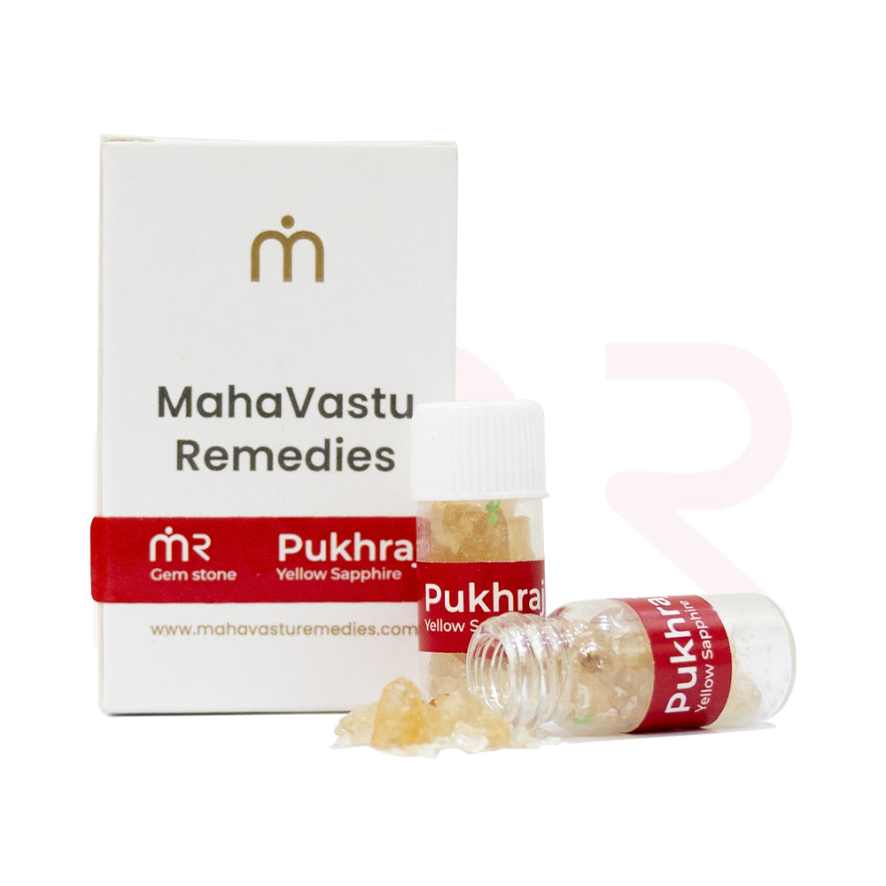 Pukhraj yellow crystal remedy bottles with MahaVastu Remedies box for Vastu Shastra balance